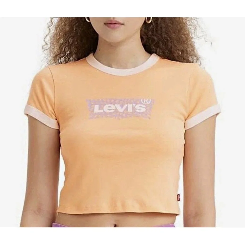 Levi's Women's Graphic Logo Ringer T-Shirt Slim Fit Crew Neck Tan/White XXL[A6]